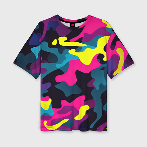 Женская футболка оверсайз Кислотная яркая абстракция в камуфляжном стиле / 3D-принт – фото 1