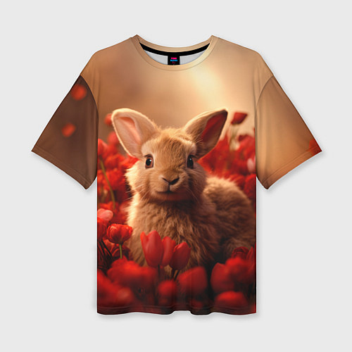 Женская футболка оверсайз Влюбленный кролик в розах / 3D-принт – фото 1