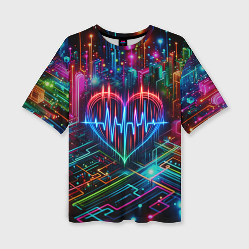 Женская футболка оверсайз Неоновое сердце - кардиограмма / 3D-принт – фото 1