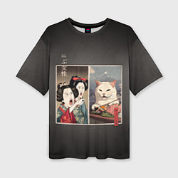 Женская футболка оверсайз Кот - мем в японской стилистике