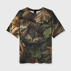 Женская футболка оверсайз Реалистичный охотничий камуфляж из ткани и листьев