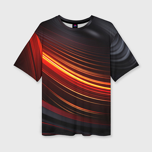 Женская футболка оверсайз Яркая оранжевая полосы на черной абстракции / 3D-принт – фото 1