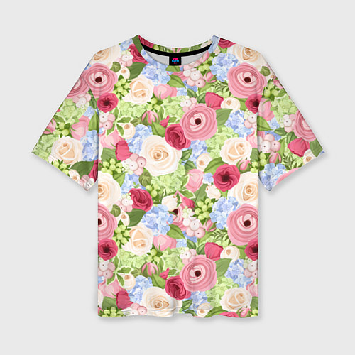 Женская футболка оверсайз Фон с розами, лютиками и гортензиями / 3D-принт – фото 1