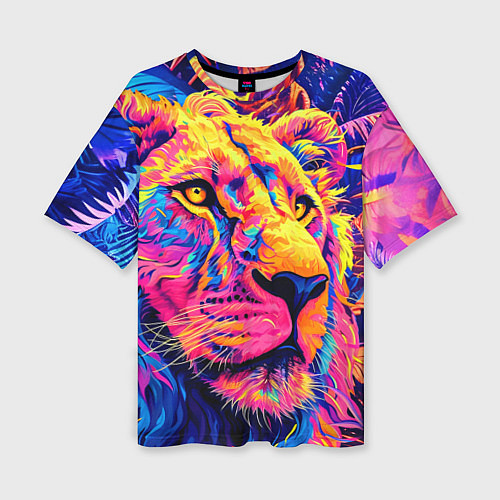 Женская футболка оверсайз Лев светящийся неоновый / 3D-принт – фото 1