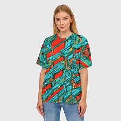 Футболка оверсайз женская Голубые фрагменты на красном фоне, цвет: 3D-принт — фото 2