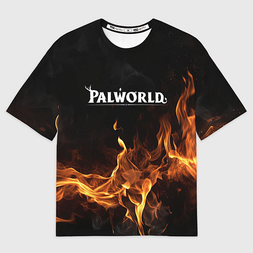 Женская футболка оверсайз Palworld логотип на черном фоне с огнем / 3D-принт – фото 1