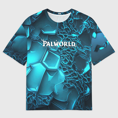 Женская футболка оверсайз Palworld логотип на ярких синих неоновых плитах / 3D-принт – фото 1
