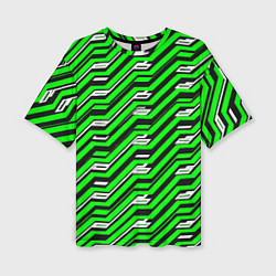 Женская футболка оверсайз Чёрно-зелёный линейный узор киберпанк