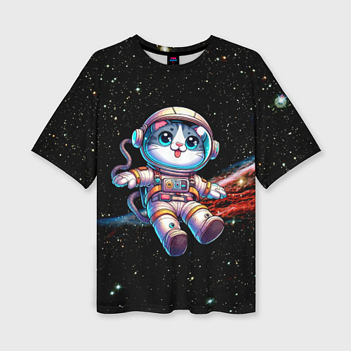 Женская футболка оверсайз Котёнок космонавт в открытом космосе / 3D-принт – фото 1