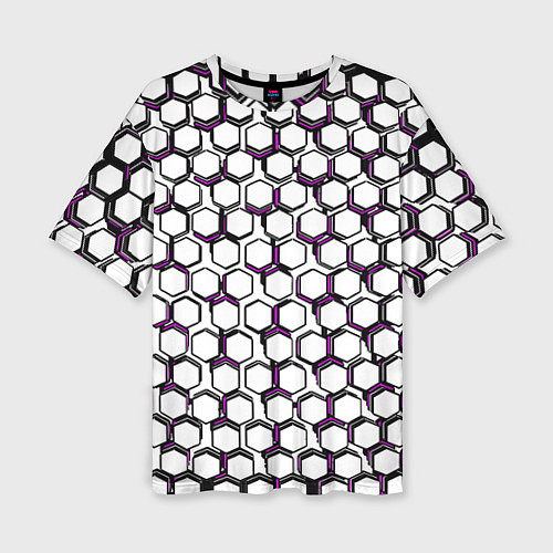 Женская футболка оверсайз Киберпанк узор из шестиугольников розовый / 3D-принт – фото 1