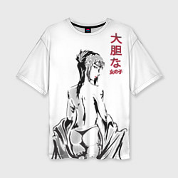 Женская футболка оверсайз Девушка вполоборота в стиле манга с японскими иеро