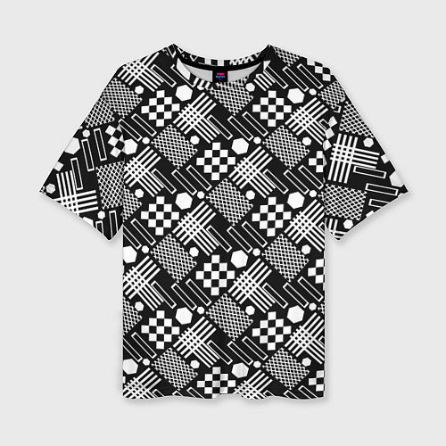 Женская футболка оверсайз Черно белый узор из геометрических фигур / 3D-принт – фото 1