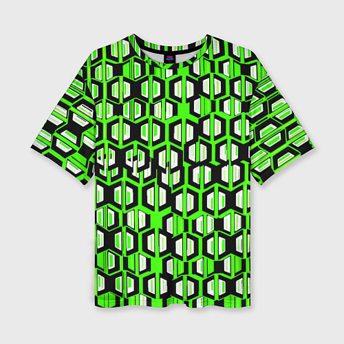Женская футболка оверсайз Техно узор из шестиугольников зелёный / 3D-принт – фото 1