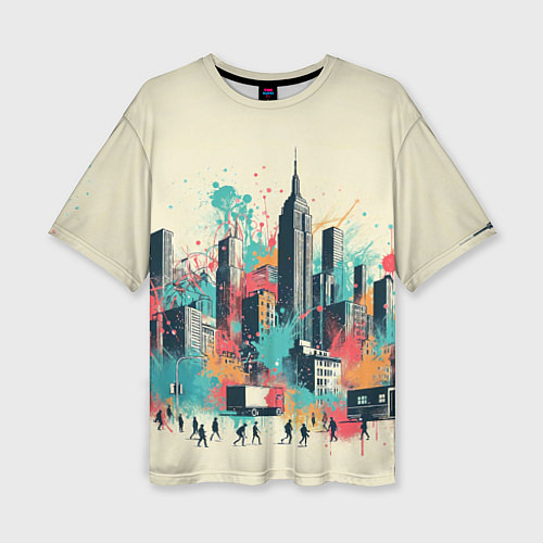 Женская футболка оверсайз Силуэты людей и небоскребов в брызгах краски / 3D-принт – фото 1