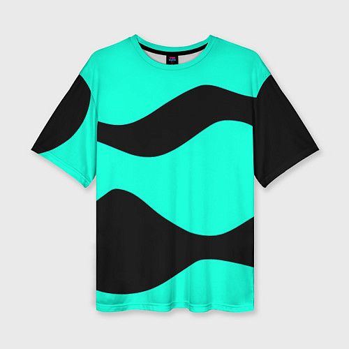 Женская футболка оверсайз Бирюзовый в чёрные волнистые полосы абстракция / 3D-принт – фото 1