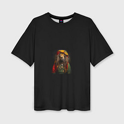 Женская футболка оверсайз Лев хиппи с дредами на черном фоне