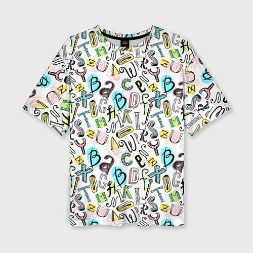Женская футболка оверсайз Цветные каракули буквы алфавита / 3D-принт – фото 1