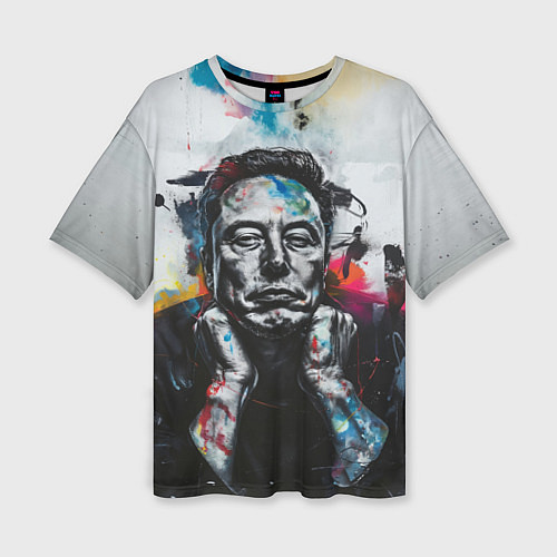 Женская футболка оверсайз Илон Маск граффити портрет на серой стене / 3D-принт – фото 1