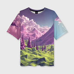 Женская футболка оверсайз Геометрический зеленый пейзаж и фиолетовые горы