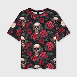 Женская футболка оверсайз Черепа и алые розы