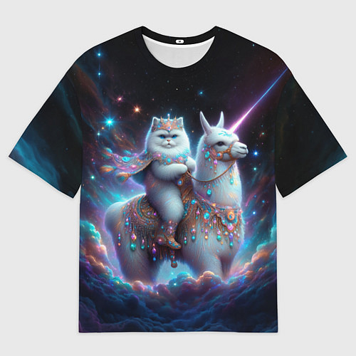 Женская футболка оверсайз Персидский кот верхом на альпаке / 3D-принт – фото 1