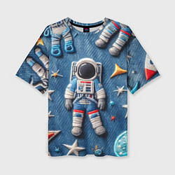 Женская футболка оверсайз Космонавт - вышивка по джинсе нейросеть