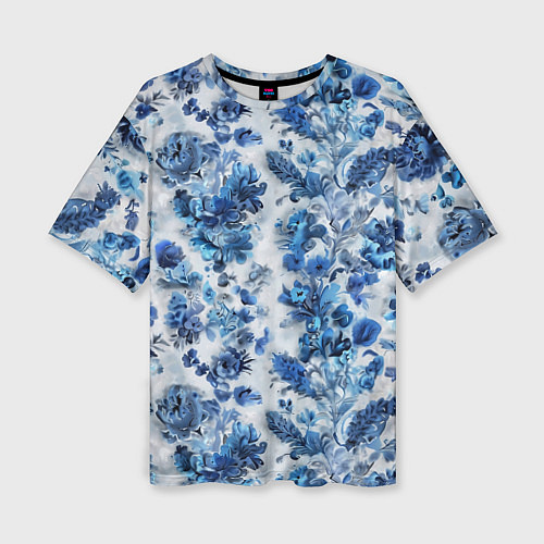 Женская футболка оверсайз Цветочный сине-голубой узор / 3D-принт – фото 1