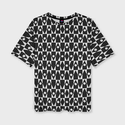 Женская футболка оверсайз Чёрно-белые ромбы и круги на чёрном фоне / 3D-принт – фото 1