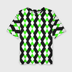 Футболка оверсайз женская Зелёные и белые ромбы на чёрном фоне, цвет: 3D-принт
