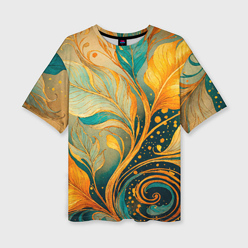 Женская футболка оверсайз Золотые и бирюзовые листья абстракция / 3D-принт – фото 1