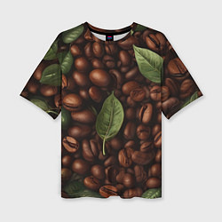 Женская футболка оверсайз Кофейные зёрна с листьями