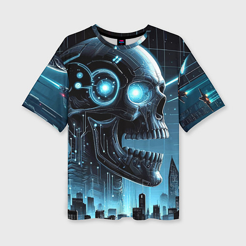 Женская футболка оверсайз Cyberpunk skull - metropolis neon glow / 3D-принт – фото 1