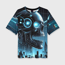 Женская футболка оверсайз Cyberpunk skull - metropolis neon glow