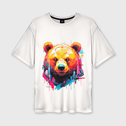 Женская футболка оверсайз Мишка в городе: голова медведя на фоне красочного