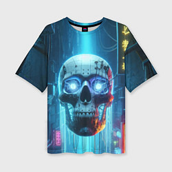 Женская футболка оверсайз Cyber skull - neon glow ai art