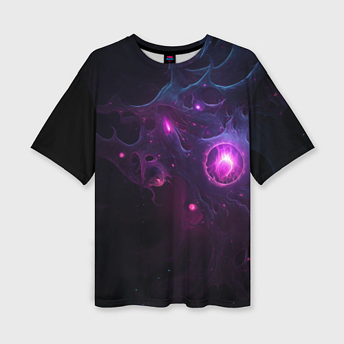 Женская футболка оверсайз Космическая объемная абстракция с фиолетовым свече / 3D-принт – фото 1