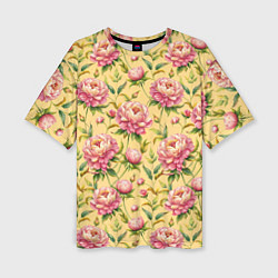 Женская футболка оверсайз Крупные пионы садовые цветы бутоны паттерн