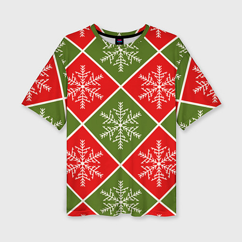Женская футболка оверсайз Рождественский паттерн со снежинками в ромбах / 3D-принт – фото 1