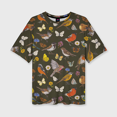 Женская футболка оверсайз Птицы и бабочки с цветами паттерн / 3D-принт – фото 1
