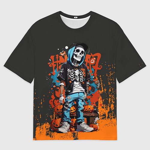 Женская футболка оверсайз Скелет с тыквами / 3D-принт – фото 1