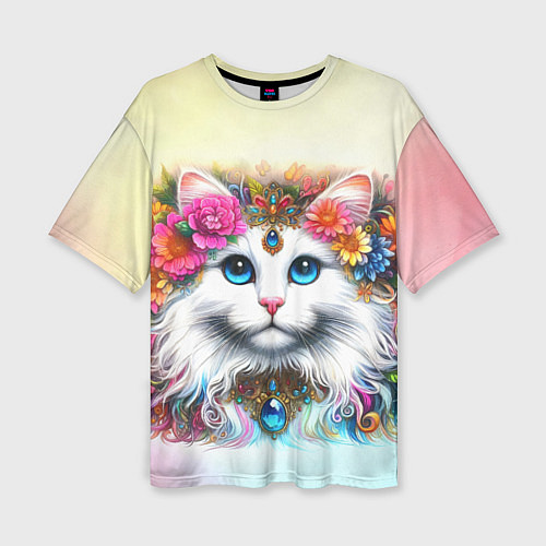 Женская футболка оверсайз Белый кот с голубыми глазами в цветах / 3D-принт – фото 1