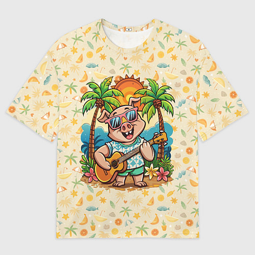 Женская футболка оверсайз Свинья с гитарой жаркое лето / 3D-принт – фото 1