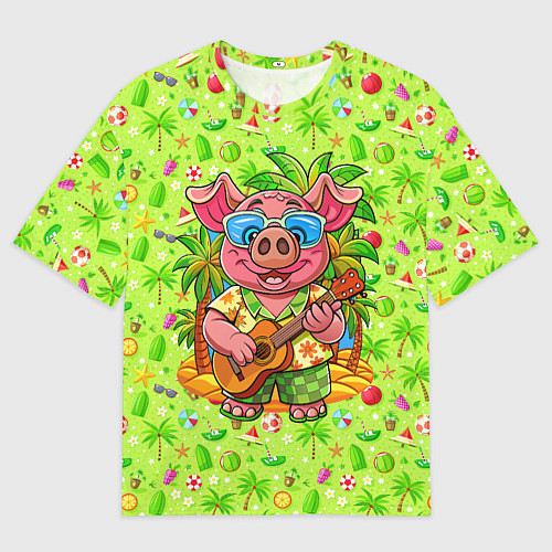 Женская футболка оверсайз Свинка с гитарой жаркое лето / 3D-принт – фото 1