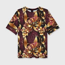 Женская футболка оверсайз Золотые лилии на красном бархатном фоне