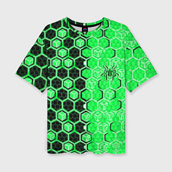 Футболка оверсайз женская Техно-киберпанк шестиугольники зелёный и чёрный с, цвет: 3D-принт