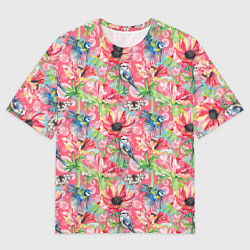 Женская футболка оверсайз Синицы и маки на розовом