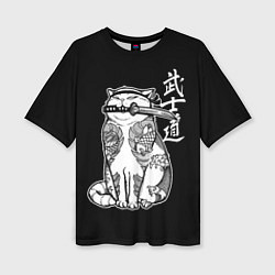 Женская футболка оверсайз Кот самурай - вакидзаси в зубах