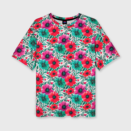 Женская футболка оверсайз Анемоны цветы яркий принт / 3D-принт – фото 1