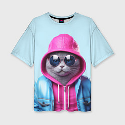 Футболка оверсайз женская Кот в капюшоне и очках, цвет: 3D-принт