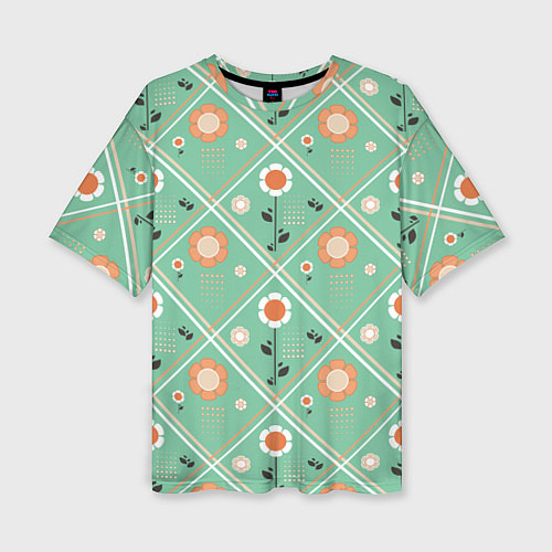 Женская футболка оверсайз Зеленый цветочный - ретро / 3D-принт – фото 1